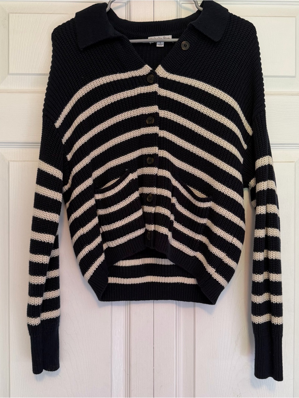 Black & Cream Striped Knit Cardigan Sweater